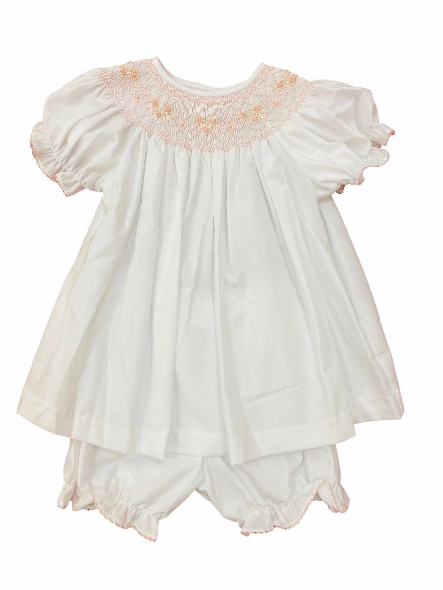 Little Girls (0-2 Years) | * Lulu Bebe White And Pink Smocked Bloomer Set Lulu-Bebe Clearance Whpk