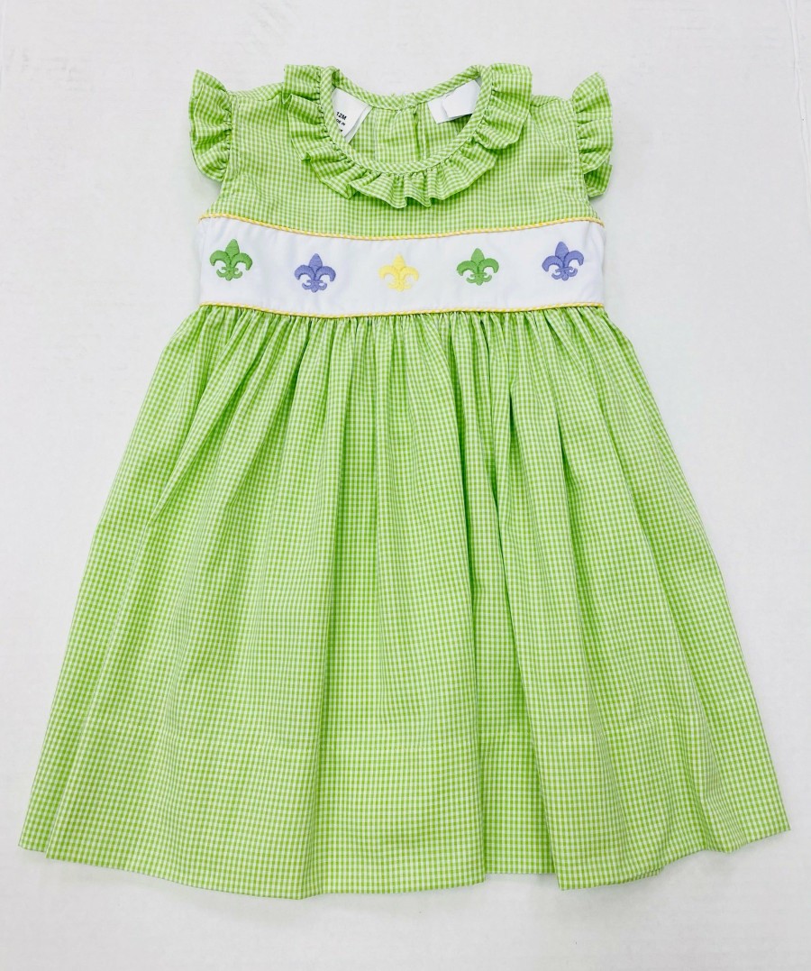 Little Girls (0-2 Years) | * Lulu Bebe Rose Mardi Gras Fleur De Lis Embroidered Dress Rose-36-Mg-Fl Lulu-Bebe Low Price Lime