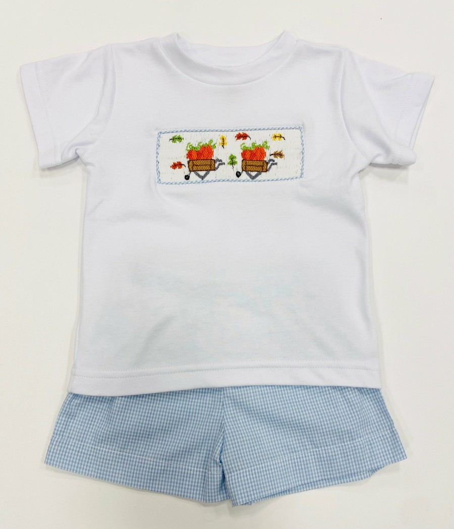 Little Boys (0-2 Years) | * Lulu Bebe Tom Smocked Short Set Pumpkin Lulu-Bebe Latest Fashion Blue