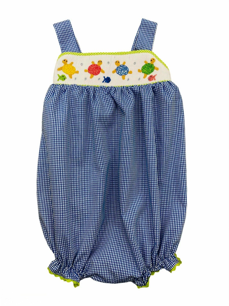 Little Girls (0-2 Years) | * Lulu Bebe Turtle Smocked Girl Bubble Lulu-Bebe Clearance Sale Blue