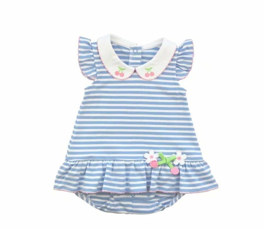 Little Girls (0-2 Years) | * Blue Stripe Knit Romper With Cherries And Flowers Florence Eiseman Outlet Sale Blwh